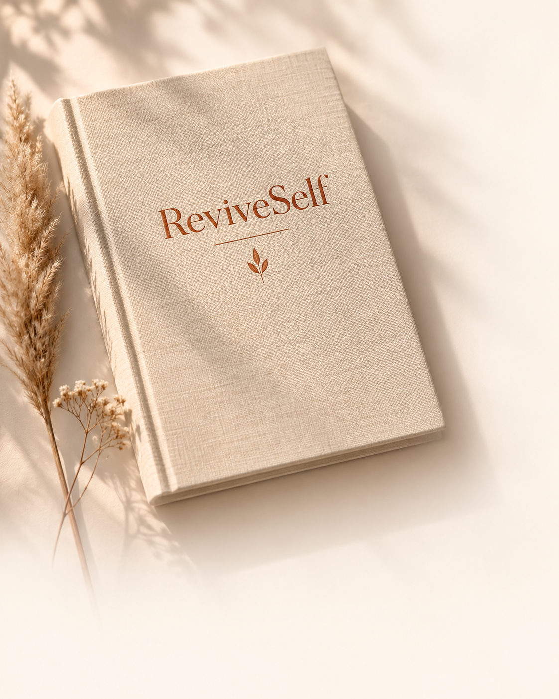 Linen-bound ReviveSelf journal surrounded by delicate dried flowers