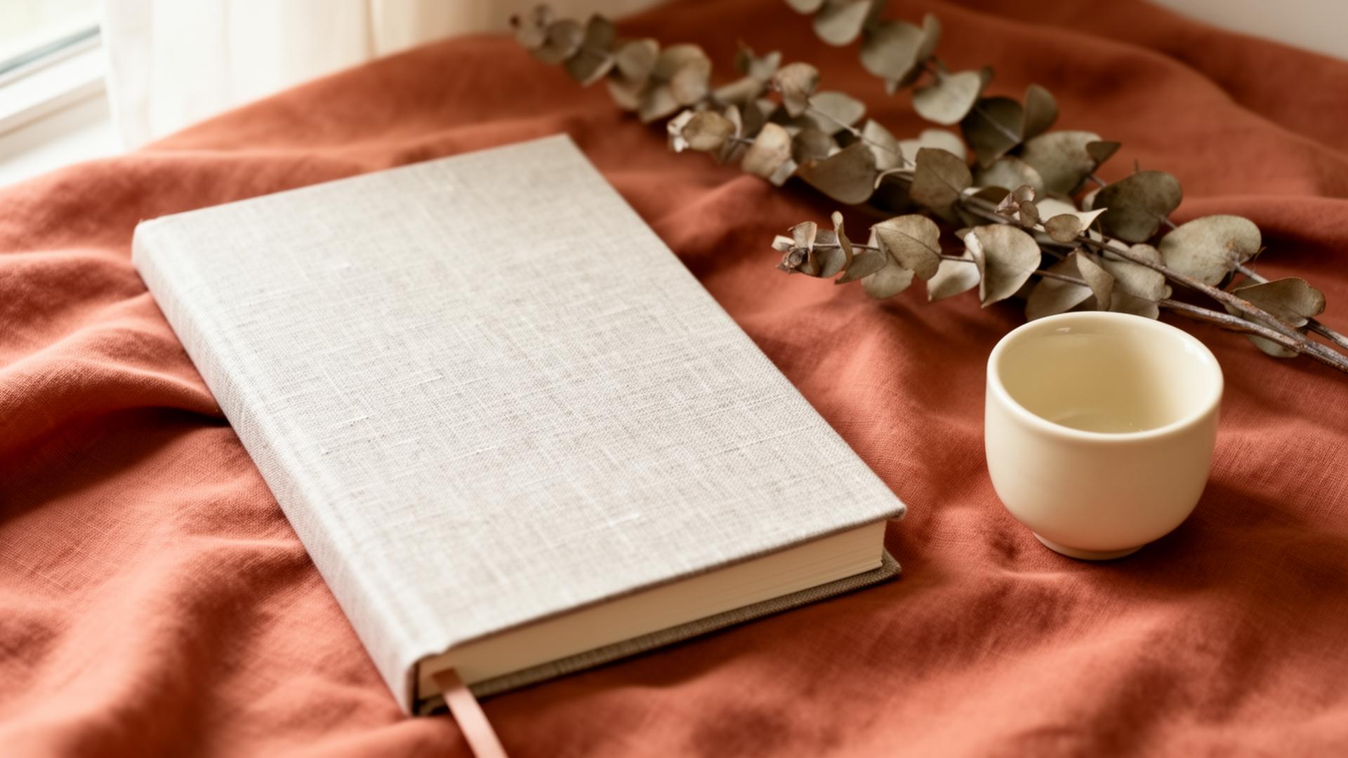 A linen-bound journal resting on warm terracotta fabric beside dried eucalyptus and a ceramic cup.